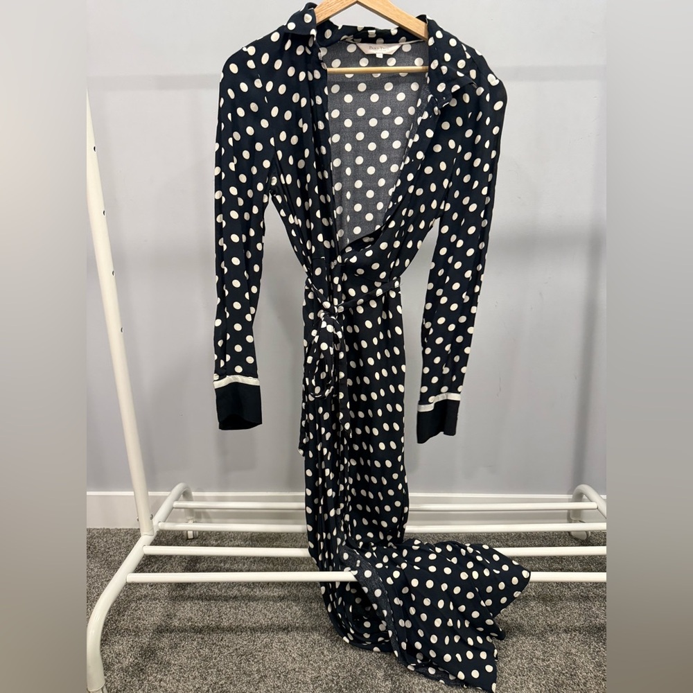 Elegant Navy Polka Dot Long Sleeve Dress